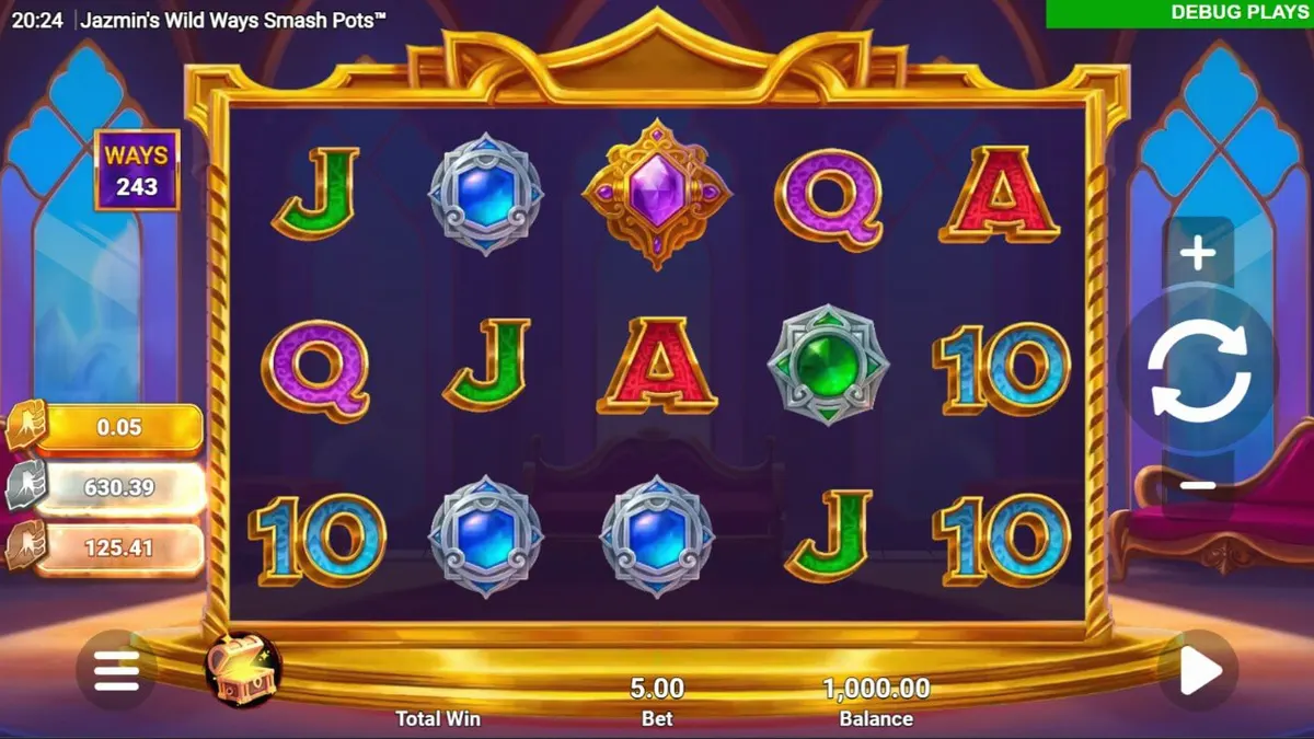 Interface do jogo de slot Jazmin’s Wild Ways Smash Pots™ com temática árabe e joias brilhantes