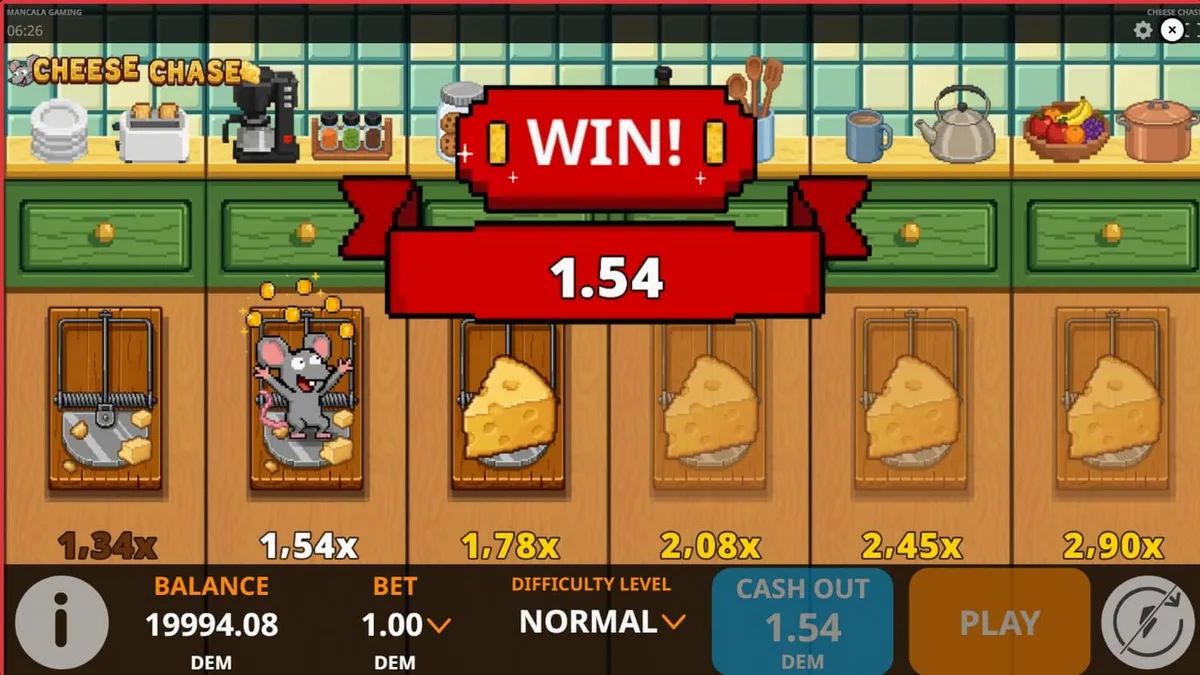 Interface do jogo Cheese Chase com temática de cozinha retrô