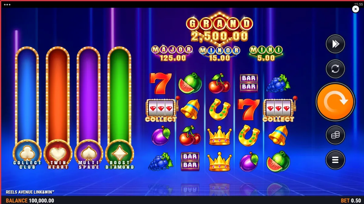 Interface futurista do slot Reels Avenue Link&Win com luzes neon e portais de bônus