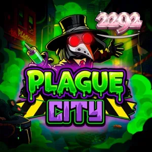 Uma visão sombria e neon da grade de jogo de Plague City com elementos de terror urbano.
